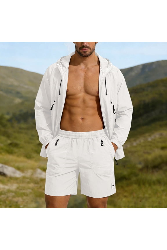 Men's Summer Tracksuit Hooded Zip up Jacket and Shorts Set Lightweight Windbreaker Outfit for Gym Running Workout Casual Daily Sporty Attire