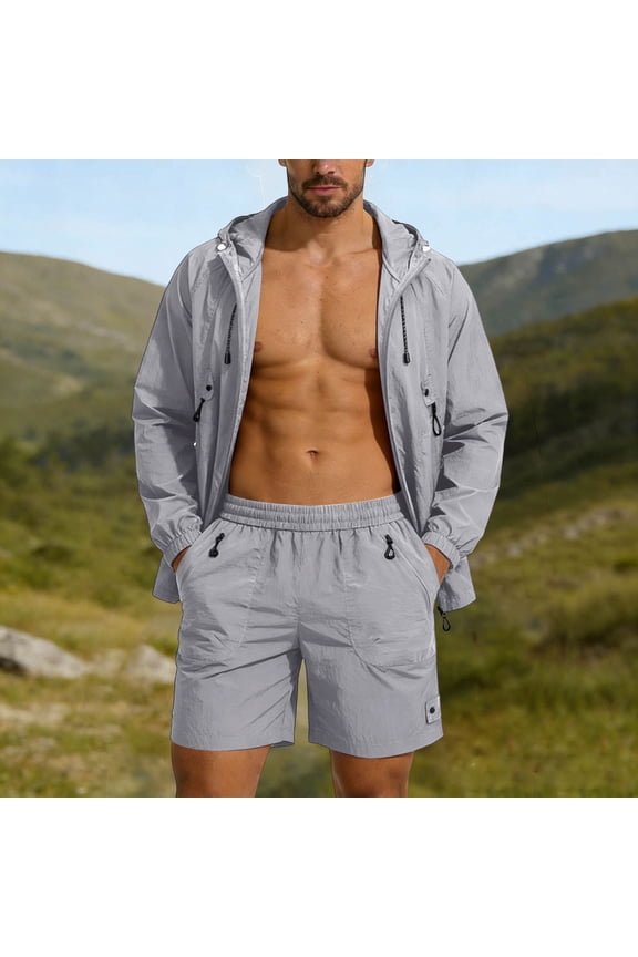 Men's Summer Tracksuit Hooded Zip up Jacket and Shorts Set Lightweight Windbreaker Outfit for Gym Running Workout Casual Daily Sporty Attire