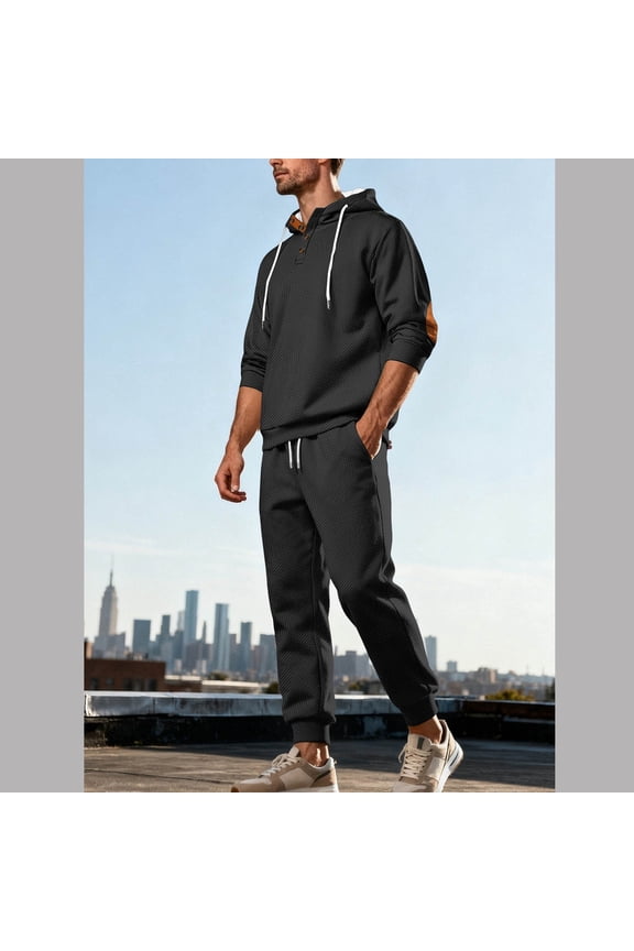Men's Textured Knit Tracksuit Hooded Sweatshirt with Elbow Patch and Joggers Set Warm Casual Outfit for Daily Lounge Outdoor Sporty Wear