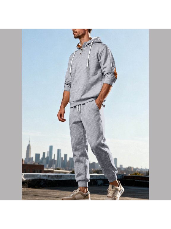 Men's Textured Knit Tracksuit Hooded Sweatshirt with Elbow Patch and Joggers Set Warm Casual Outfit for Daily Lounge Outdoor Sporty Wear