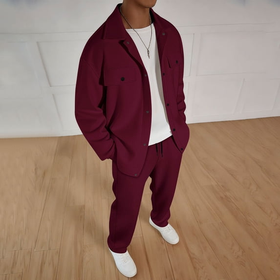 Gamivast Men's Textured Shirt Set Long Sleeve Button Down Jacket and Pants Waffle-Knit Outfit for Casual Daily Work Streetwear Outdoor Lounge Walking