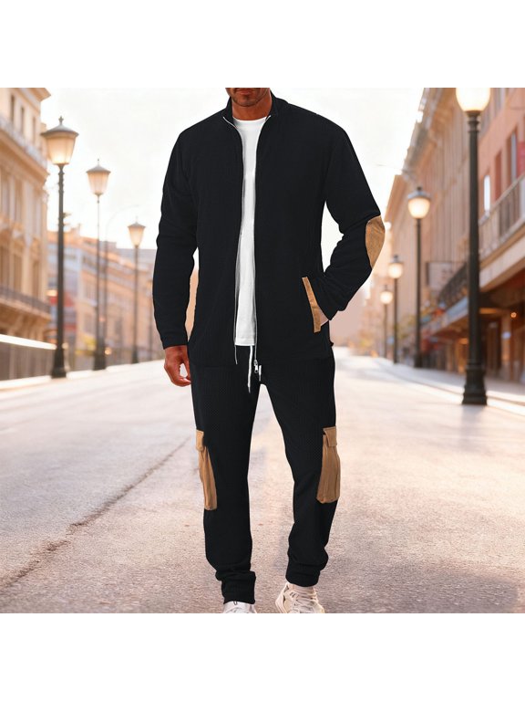 Men's Textured Tracksuit Full Zip Jacket and Cargo Pants Set Contrast Elbow Patch Outfit for Outdoor Work Hiking Camping Casual Daily Clothing