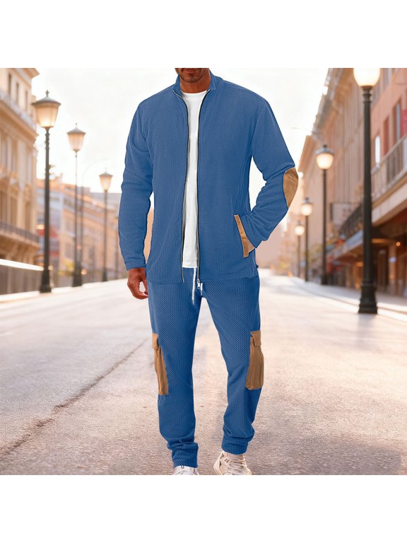 Men's Textured Tracksuit Full Zip Jacket and Cargo Pants Set Contrast Elbow Patch Outfit for Outdoor Work Hiking Camping Casual Daily Clothing