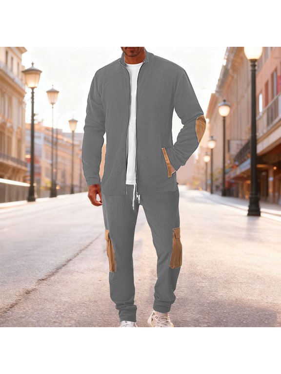 Men's Textured Tracksuit Full Zip Jacket and Cargo Pants Set Contrast Elbow Patch Outfit for Outdoor Work Hiking Camping Casual Daily Clothing