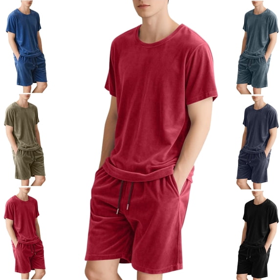 Gamivast Men's Velour Short Set Crewneck T-Shirt and Drawstring Shorts Soft Plush 2 Piece Outfit for Summer Beach Vacation Casual Daily Lounge Attire