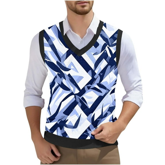 Gamivast Men's Vintage Graphic Print Knitted Sweater Vest V Neck Sleeveless Casual Business Sweater Tops Blue XL My Recent Placed Placed Recently By Me,the Past Month