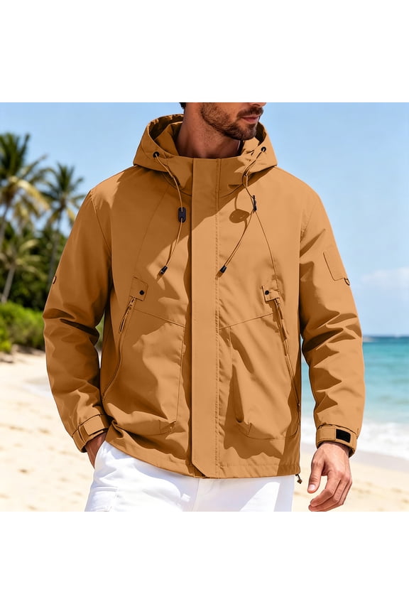 Men's Windbreaker Jacket Hooded Waterproof Outdoor Coat Zip up Windproof Outerwear with Multi Pockets for Hiking Camping Fall Winter Activewear Gold M