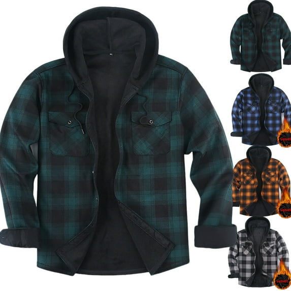 Gamivast Men's Winter Jackets Fleece Plaid Thermal Sherpa Lined Hoodies Button Down Long Sleeve Loose Flannel Jacket with Chest Pockets Warm Comfy Drawstring Outerwear