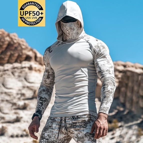 Gamivast Men's upf 50+ Hoodies Sun Protection Long Sleeve Uv Shirts with Built-In Face Mask Quick Dry Fishing Hiking Activewear Breathable Cooling Workout Tops White M
