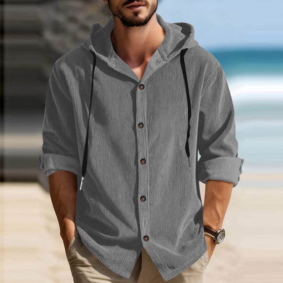 Gamivast Mens Button Down Shirts Long Sleeve Ribbed Texture Casual Shirts Hooded Neck Long Sleeve Shirts Solid Color Soft Beach Vacation Party Tops