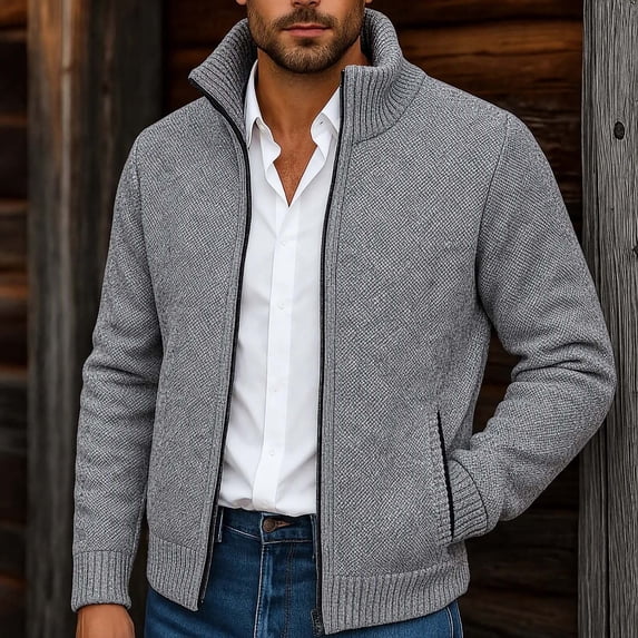Gamivast Mens Cardigan Sweater Full Zip Knit Casual Stand Collar Jacket Fall Winter Warm Outerwear Ribbed Knitwear Coat with Pockets