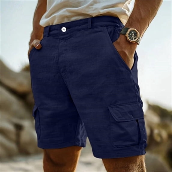 Mens Cargo Shorts Multi Pockets Button Fly Solid Color Casual Work Cargo Shorts Breathable Cotton Linen Shorts Casual Summer Beach Outfits