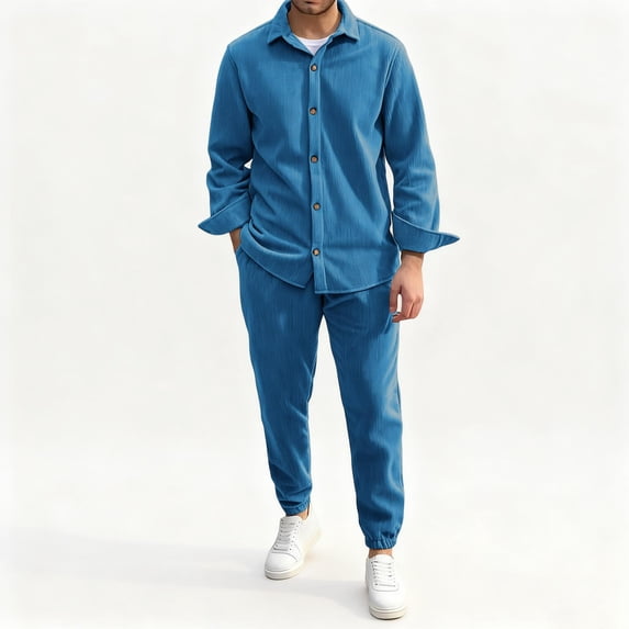 Gamivast Mens Casual Corduroy Set Long Sleeve Button Down Shirt and Pants Outfit Vintage Streetwear Soft Ribbed Texture Suit for Daily Travel Attire