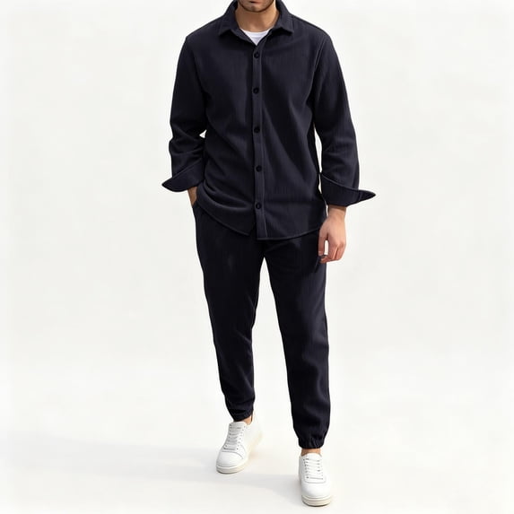 Gamivast Mens Casual Corduroy Set Long Sleeve Button Down Shirt and Pants Outfit Vintage Streetwear Soft Ribbed Texture Suit for Daily Travel Attire
