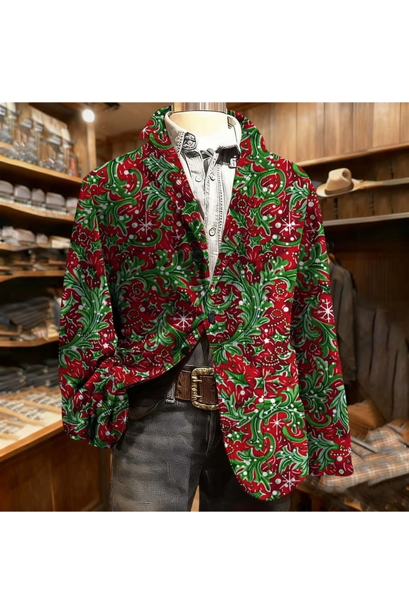 Mens Christmas Blazer Jackets Plus Size Corduroy Graphic Lapel Collar Party Suit Jacket Funny Loose Fitted Lightweight One Button Sport Coat with Pockets
