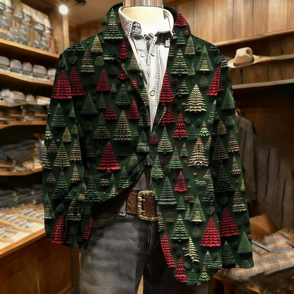 Gamivast Mens Christmas Blazer Jackets Plus Size Corduroy Graphic Lapel Collar Party Suit Jacket Funny Loose Fitted Lightweight One Button Sport Coat with Pockets