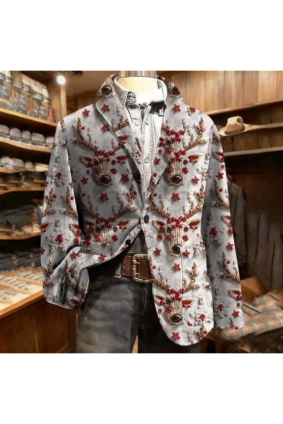 Mens Christmas Blazer Jackets Plus Size Corduroy Graphic Lapel Collar Party Suit Jacket Funny Loose Fitted Lightweight One Button Sport Coat with Pockets