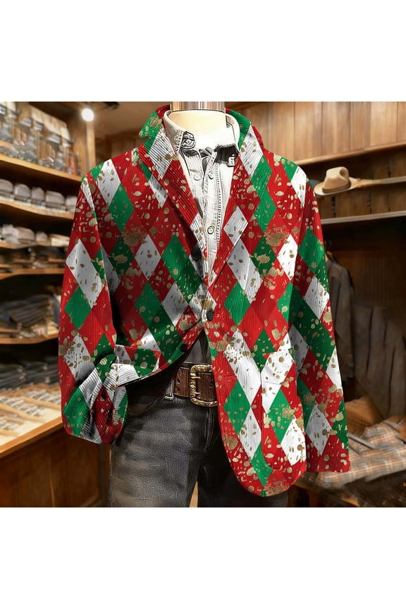 Mens Christmas Blazer Jackets Plus Size Corduroy Graphic Lapel Collar Party Suit Jacket Funny Loose Fitted Lightweight One Button Sport Coat with Pockets