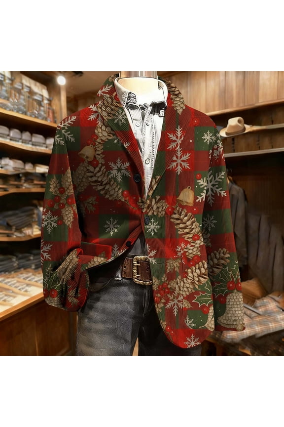 Mens Christmas Blazer Jackets Plus Size Corduroy Graphic Lapel Collar Party Suit Jacket Funny Loose Fitted Lightweight One Button Sport Coat with Pockets