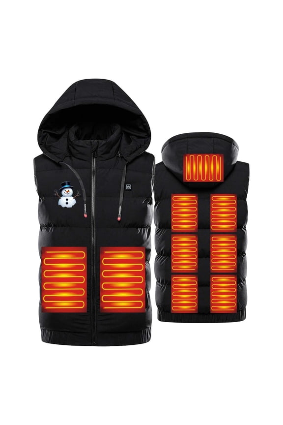 Mens Heated Vest Plus Size Hooded 9 Heating Zones and 3-Levels Puffer Jackets Xmas Printed Warm Sleeveless Stand Collar Coats with Pockets Drawstring Washable Outerwear no Power Bank