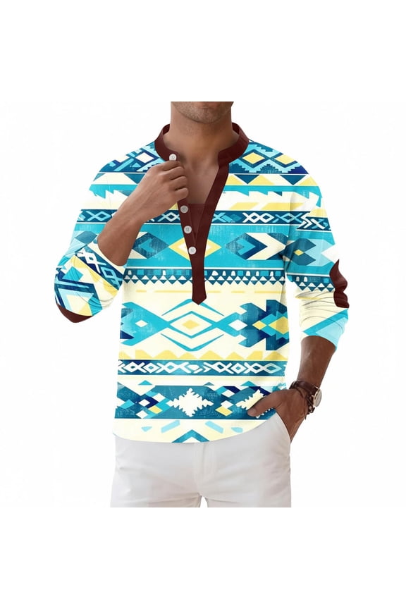 Mens Henley Shirts Soft Stretch Regular Fit Button Placket Long Sleeve Shirts Casual Stylish Graphic T-Shirts Tribal Horse Western Outdoor