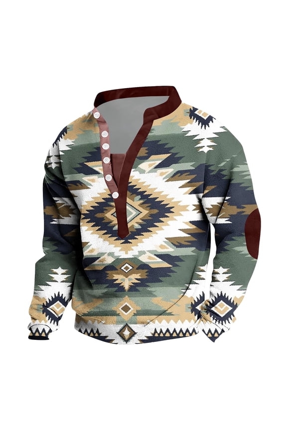 Mens Henley Shirts Soft Stretch Regular Fit Button Placket Long Sleeve Shirts Casual Stylish Graphic T-Shirts Tribal Horse Western Outdoor