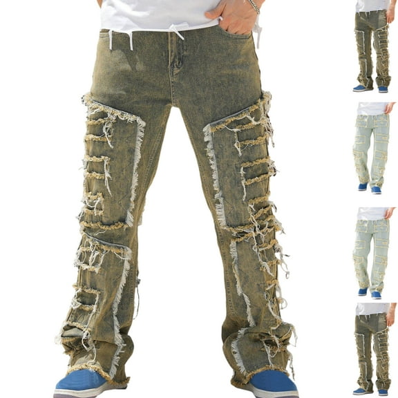 Gamivast Mens Jeans Relaxed Fitted Ripped Skinny Stretch Jeans Distressed Straight Leg Denim Pants Hip Hop Zip Off Streetwear Trousers with 4 Pockets