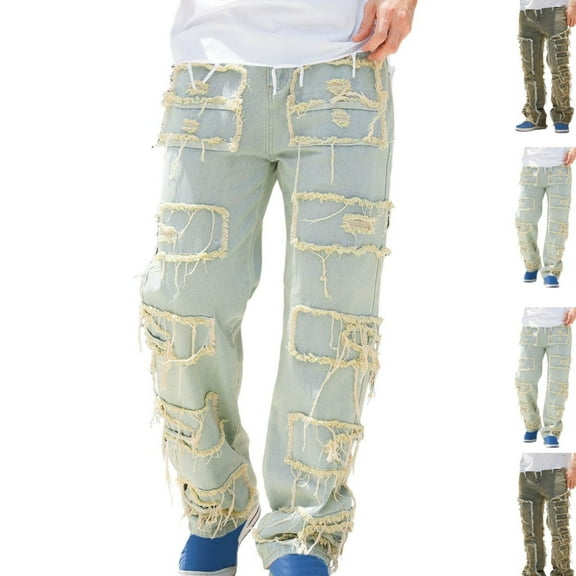 Gamivast Mens Jeans Relaxed Fitted Ripped Skinny Stretch Jeans Distressed Straight Leg Denim Pants Hip Hop Zip Off Streetwear Trousers with 4 Pockets