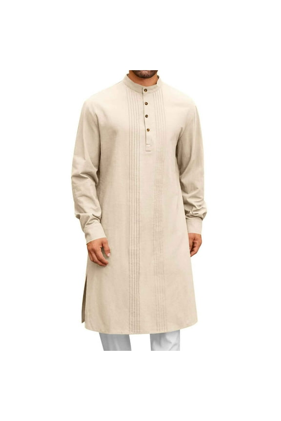 Mens Kaftan Robe Button Down Long Sleeve Cotton Linen Thobe Casual Muslim Gown Shirt Casual Muslim Gown Kurta Khaki XXXL of the Day Previous