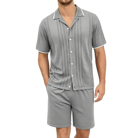 Gamivast Mens Knitted 2 Piece Set Short Sleeve Button and Shorts Soft Textured Sweater Outfit for Summer Casual Golf Vacation Old Money Style