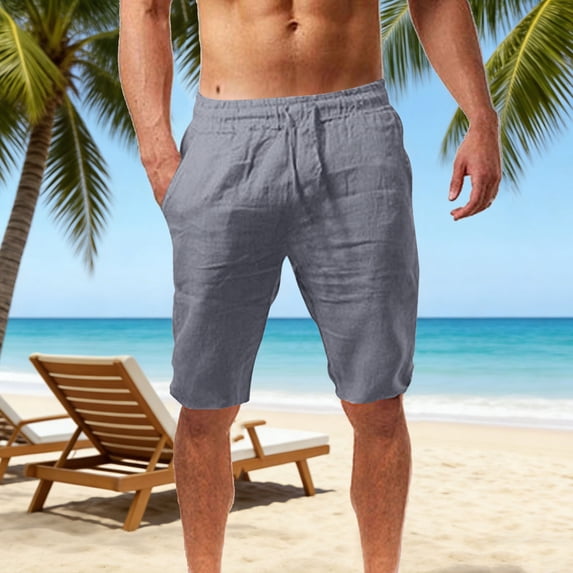 Mens Linen Shorts Drawstring Waist Breathable Beach Shorts Elastic Waist Summer Shorts Lightweight Solid Color Casual Vacation Lounge Wear