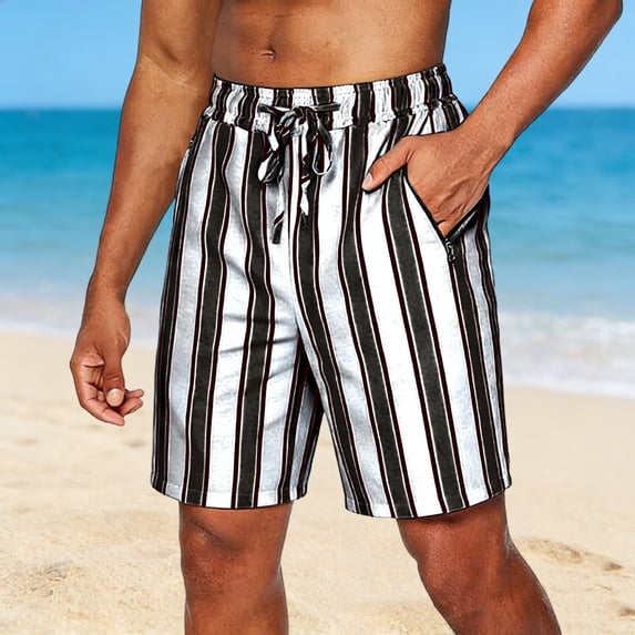 Mens Linen Shorts Vertical Striped Elastic Waist Beach Shorts Drawstring Breathable Summer Shorts Lightweight Casual Holiday Vacation