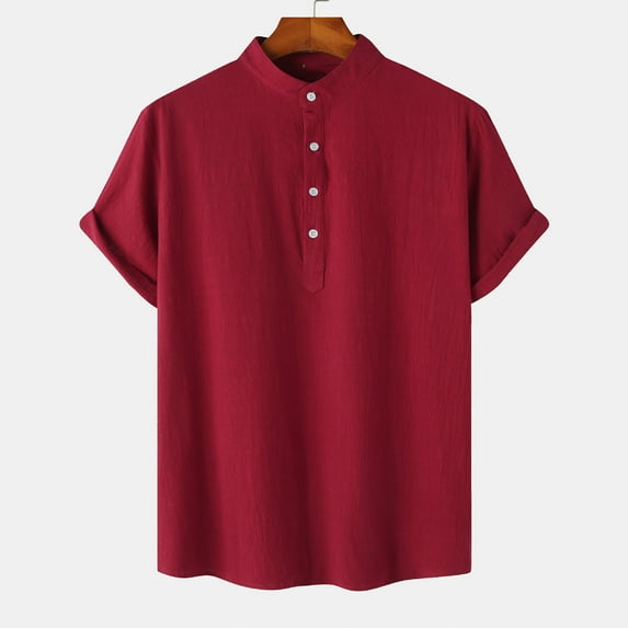 Gamivast Mens Linen T Shirts Regular Fit Button Neck Henley Shirts Short Sleeve Beach Shirts Rolled Cuff Solid Summer Vacation Outfits