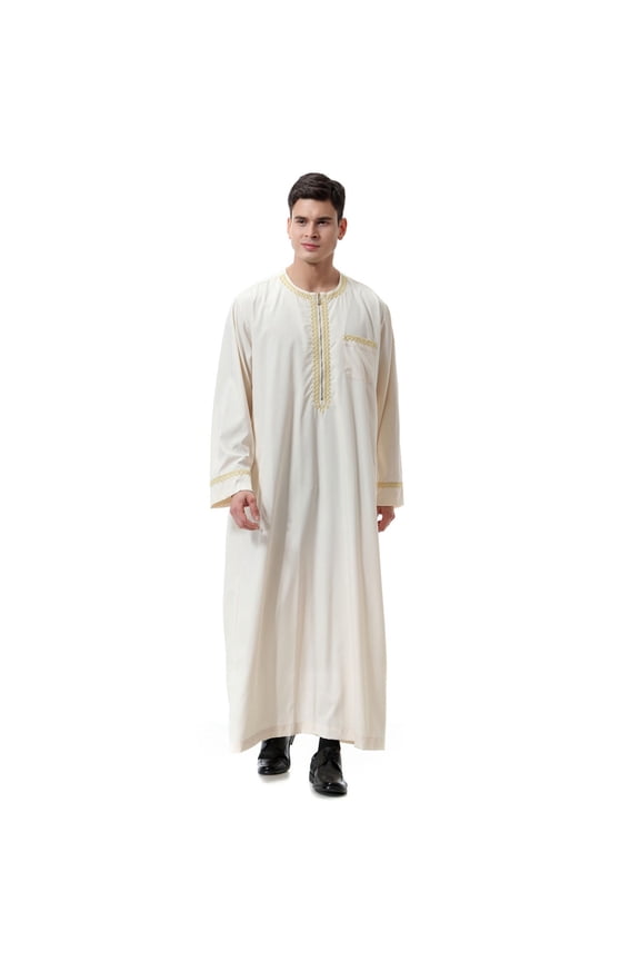 Mens Long Sleeve Shirts Gold Embroidery Trim Zip Neck Kaftan Robe Dress Shirts Muslim Fashion Thobe Jubba Casual Shirts Eid Prayer Islamic