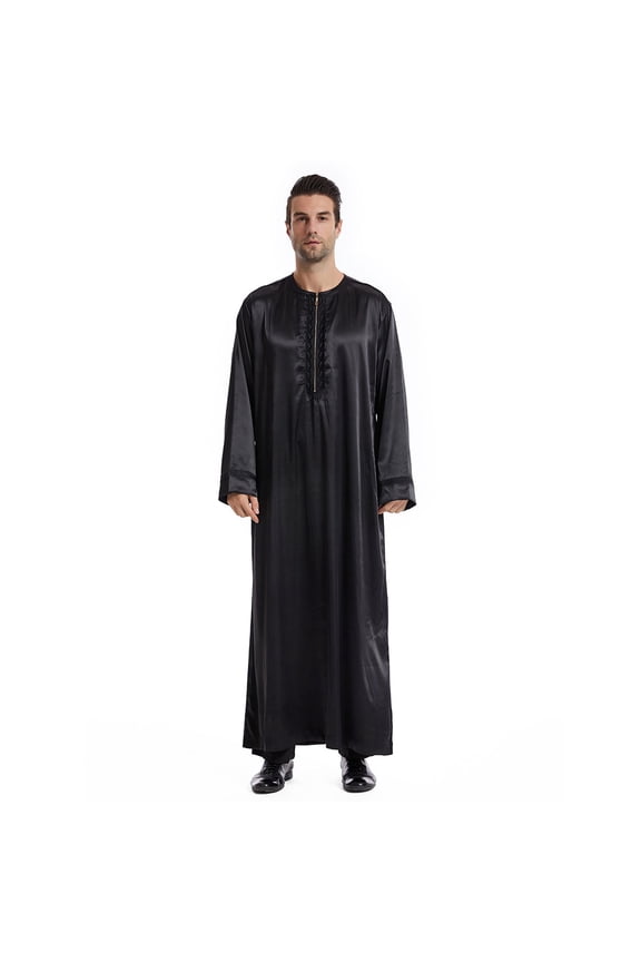 Mens Long Sleeve Shirts Silky Satin Zip Neck Embroidery Kaftan Robe Dress Shirts Muslim Fashion Thobe Jubba Casual Shirts Smooth Soft Prayer