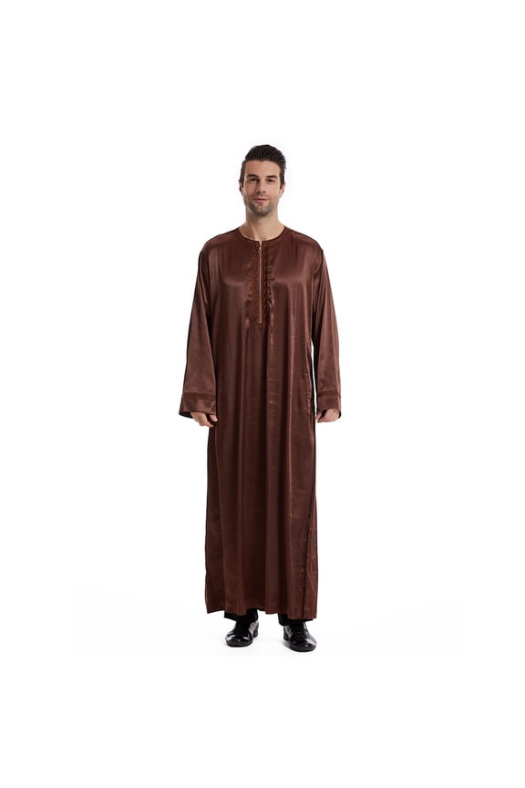 Mens Long Sleeve Shirts Silky Satin Zip Neck Embroidery Kaftan Robe Dress Shirts Muslim Fashion Thobe Jubba Casual Shirts Smooth Soft Prayer