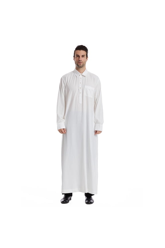 Mens Long Sleeve Shirts Solid Button Placket Pocket Kaftan Robe Dress Shirts Muslim Fashion Thobe Jubba Casual Shirts Loose Fit Islamic Wear