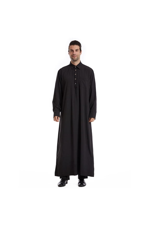 Mens Long Sleeve Shirts Solid Button Placket Pocket Kaftan Robe Dress Shirts Muslim Fashion Thobe Jubba Casual Shirts Loose Fit Islamic Wear