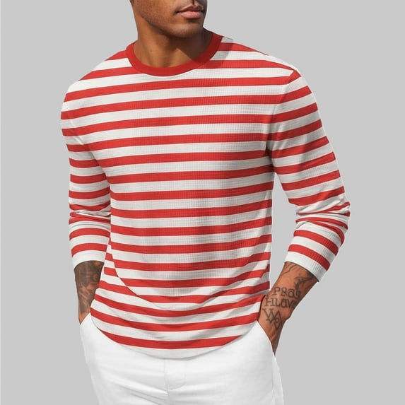 Gamivast Mens Long Sleeve Shirts Striped Crew Neck Slim Fit T-Shirts Ribbed Knitted Undershirts Soft Stretchy Casual Daily Pullover Spring Fall Tee