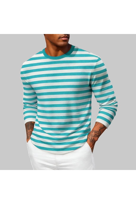 Mens Long Sleeve Shirts Striped Crew Neck Slim Fit T-Shirts Ribbed Knitted Undershirts Soft Stretchy Casual Daily Pullover Spring Fall Tee