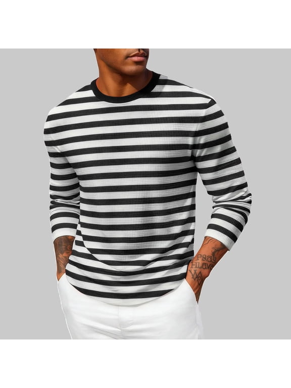 Mens Long Sleeve Shirts Striped Crew Neck Slim Fit T-Shirts Ribbed Knitted Undershirts Soft Stretchy Casual Daily Pullover Spring Fall Tee