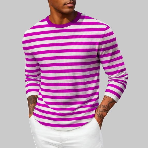 Gamivast Mens Long Sleeve Shirts Striped Crew Neck Slim Fit T-Shirts Ribbed Knitted Undershirts Soft Stretchy Casual Daily Pullover Spring Fall Tee