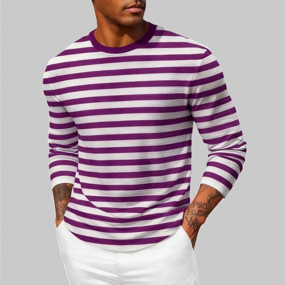 Gamivast Mens Long Sleeve Shirts Striped Crew Neck Slim Fit T-Shirts Ribbed Knitted Undershirts Soft Stretchy Casual Daily Pullover Spring Fall Tee