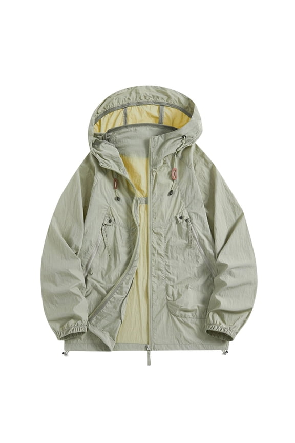 Mens Long Sleeve Sun Shirt Zip up Multi Pockets Fishing Hoodies Windbreaker Jackets Lightweight Drawstring Outdoor Hiking Cargo Coat