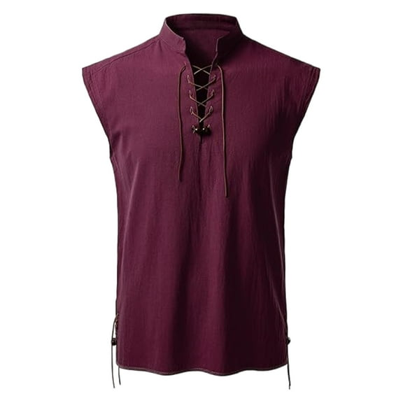 Gamivast Mens Medieval Pirate Sleeveless Shirts Lace Up V-Neck Lace Up Steampunk Costume Solid Color Gothic Pirate Beach Tunic Tops Wine L Camisas De Vestir Para Hombres