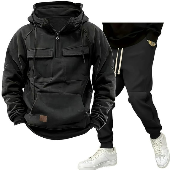 Gamivast Mens Outdoor Cargo Set 1/4 Zip Hooded Sweatshirt with Chest Pockets and Joggers Fleece Tracksuit for Camping Hiking Military Style