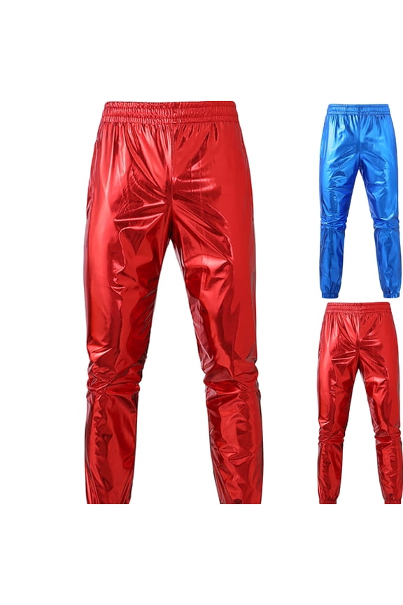 Mens Pants Metallic Shiny Straight Leg Party Dance Trousers 70S/80S Festival Cuffed Long Pants Jazz Hip Hop Loose Elastic Waist Joggers