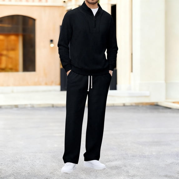 Gamivast Mens Ribbed 2 Piece Set Stand Collar Quarter Zip Pullover and Pants Soft Stretchy Lounge Outfit for Casual Daily Home Sleepwear Relaxed Suits