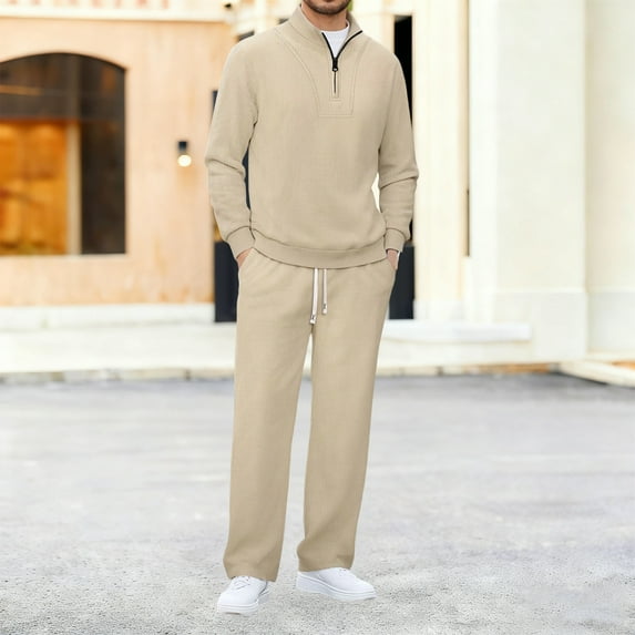 Gamivast Mens Ribbed 2 Piece Set Stand Collar Quarter Zip Pullover and Pants Soft Stretchy Lounge Outfit for Casual Daily Home Sleepwear Relaxed Suits