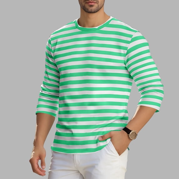Gamivast Mens Shirts Casual Striped Pattern Crew Neck Long Sleeve Shirts Comfy Breathable Tee Shirts Classic Fit Soft Daily Office Outdoor Fashion Tees